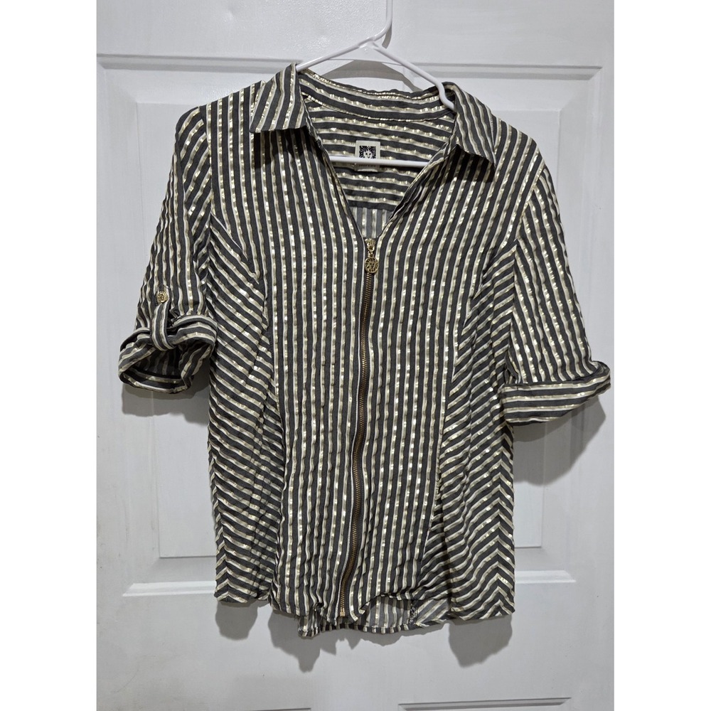 Anne Klein Metallic Gold W/ Gray Stripes Zip Up Front 3/4 Sleeve Shirt Women M